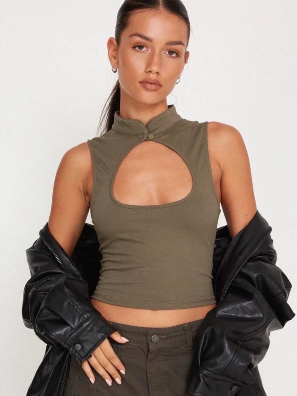 Motel Rocks Olive Cutout Mock Neck Crop Top